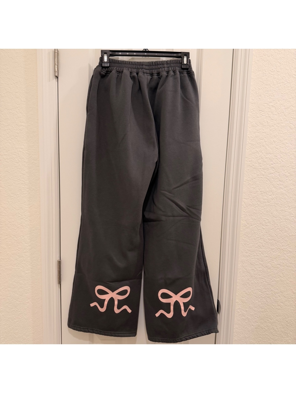Dark Gray Wide Leg Sweatpants with Pink Bow Detail
